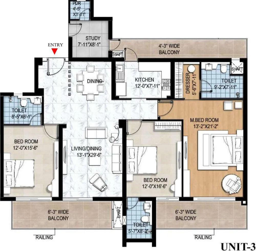 3 BHK + Study + 4T Floor Plan